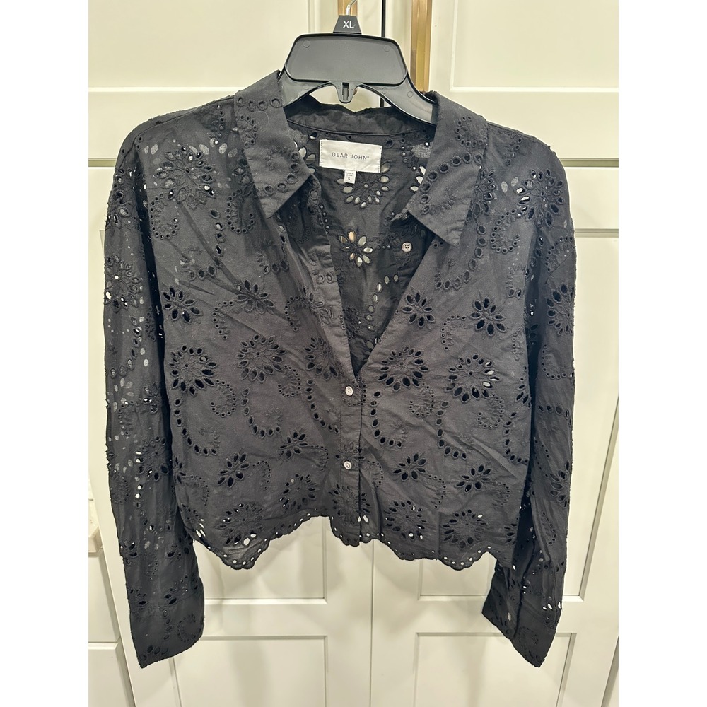 Dear John Black Eyelet Cotton Button Down Blouse Scalloped Hem DSH1436BLK Small
